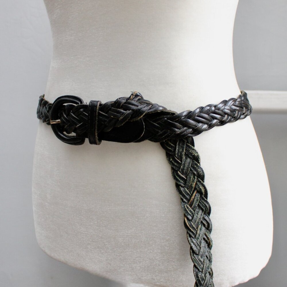 Vintage 90s Women's Black Woven Braided Woven Leather Belt Size XL - Picture 4 of 5
